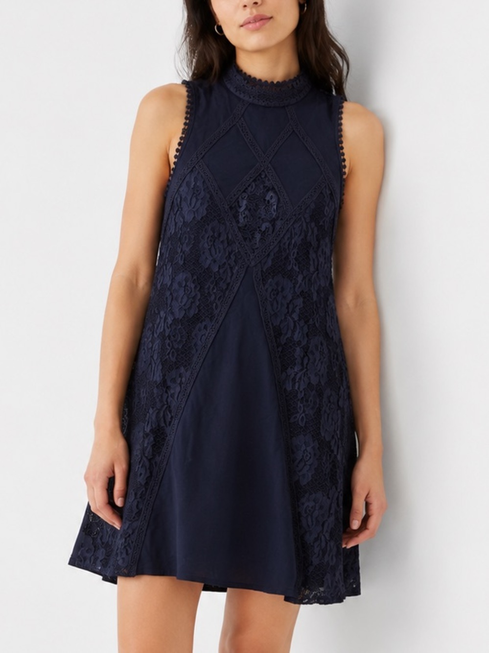 Navy Lace A-Line Mini Dress Mock Neck Sleeveless Shift Dress Cottagecore Boho M
